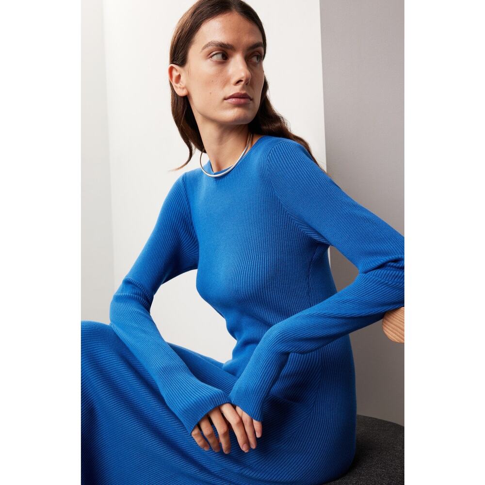 Great Jones Cobalt Blue Ribbed Knit Long Sleeve Sweater Midi Dress Size Large - Picture 5 of 12